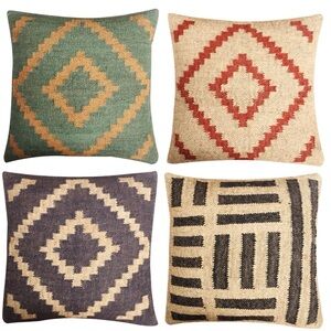 JAIPUR KILIM Geometric Wool Jute Square Throw Pillow Covers -Decorative 18 x18”